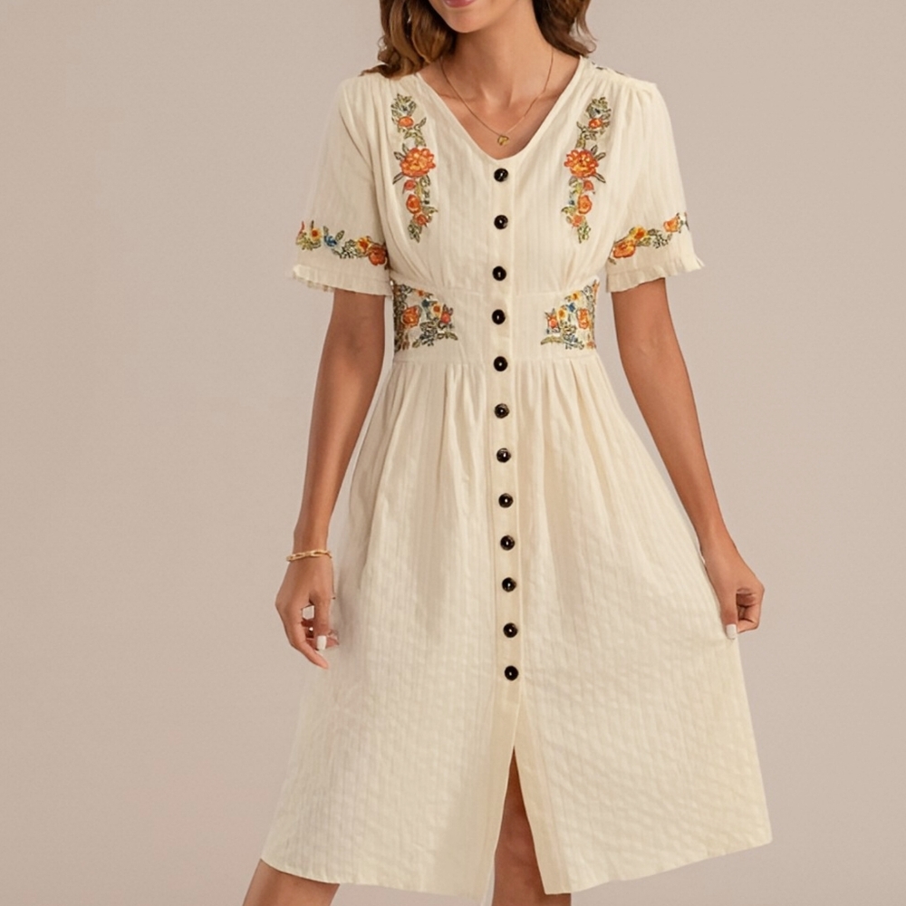 Retro Stage Pure Cotton Beige 1940s-Inspired V-Neck Floral Dress - size L